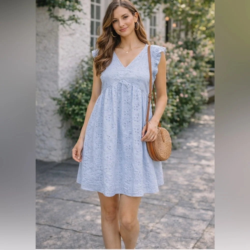 Andrée by Unit Eyelet Cotton Mini Dress Small Blue Cottagecore Ruffle Sleeve - Picture 1 of 9
